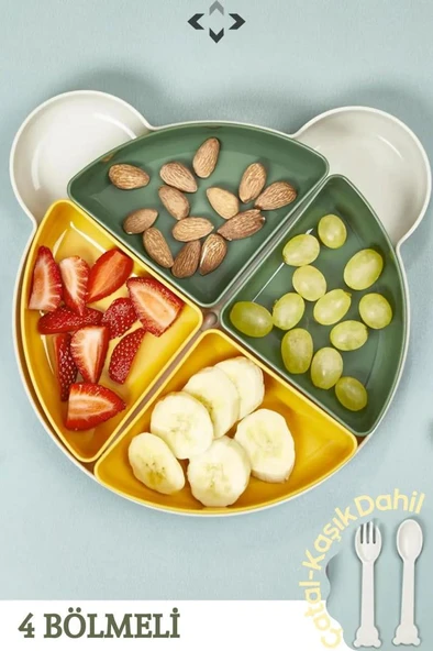 4 Bölmeli Çıkarılabilir Ayıcık Desenli 7 Parça Mama Yemek Tabağı ve Çatal Kaşık Seti BPA FREE ürün görseli