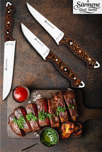 Sürmene Serisi Mutfak Bıçak Seti Et Ekmek Sebze Bıçağı 3 Lü Kahve Verzalit Sap HDS-134 ürün görseli 1