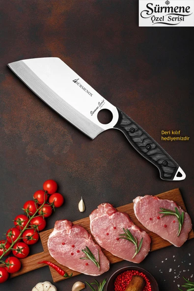 Sürmene Serisi K Şef Mutfak Şef Bıçağı Bıçak Kamp Bıçağı Deri Kılıflı Siyah Verzalit Sap HDS-138 ürün görseli 1
