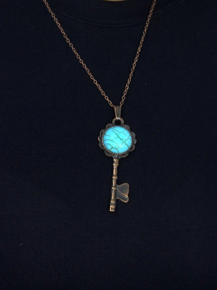 Doğal Taş Firuze Doğal Taşlı Anahtar Model Kadın Antik Kolye euk35f - Resim 3