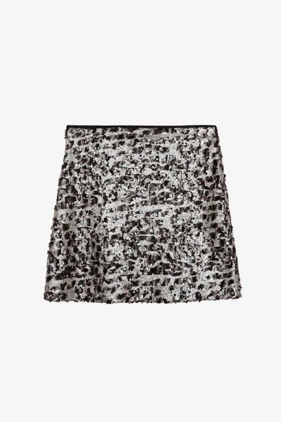 Quzu Leopar Desenli Payetli Mini Etek - Resim 2