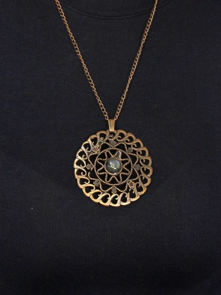 Doğal Taş Labradorit Doğal Taşlı Yuvarlak Model Antik Kadın Kolye euk47lbt - Resim 3