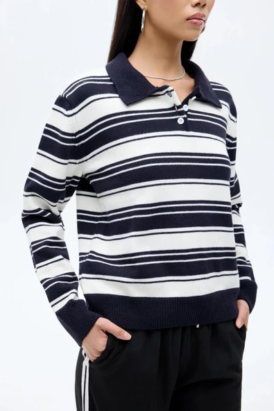 Quzu Çizgili Kadın Kazak - Resim 3