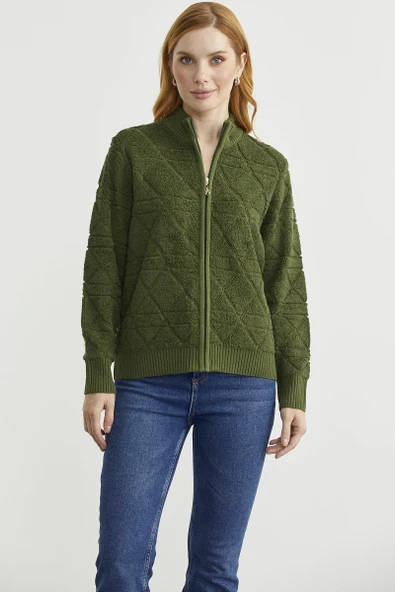 Geometrik Motifli Fermuarlı Yünlü Triko Hırka - Yeşil - Resim 3