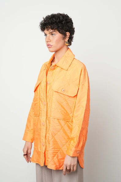Kadın Çift Cepli Turuncu Renk Oversize Kalıp Gömlek-Ceket - Resim 3