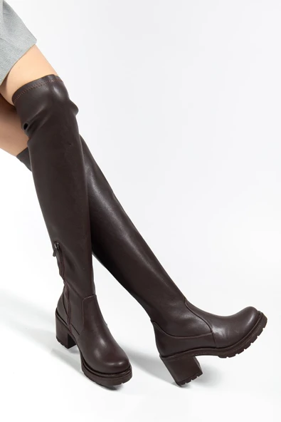 767-3010 Kahve Streç Günlük Kalın Topuklu Kadın Çizme - Resim 3