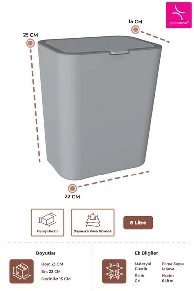Prima Nova Flip Çöp Kovası -  Gri - Resim 3