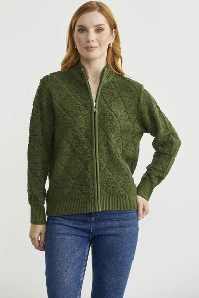 Geometrik Motifli Fermuarlı Yünlü Triko Hırka - Yeşil ürün görseli 1