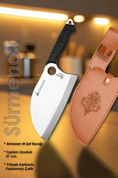 Sürmene Serisi K Almazan Mutfak Şef Bıçağı Bıçak Kamp Bıçağı Deri Kılıflı Siyah Verzalit Sap HDS-135 - Resim 2