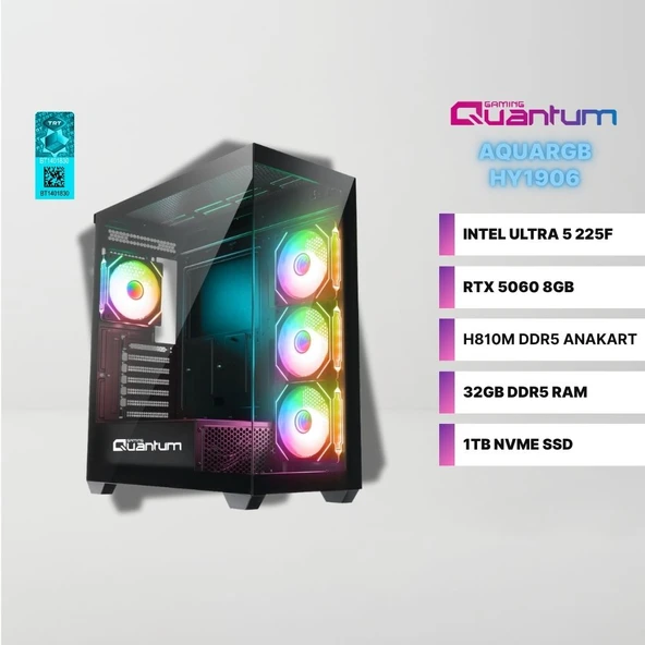 Quantum Gaming AquaRGB HY1916 Intel Ultra 5 225F 32GB DDR5 1TB NVMe SSD RTX 5060 8GB Masaüstü Oyuncu Bilgisayarı ürün görseli 1