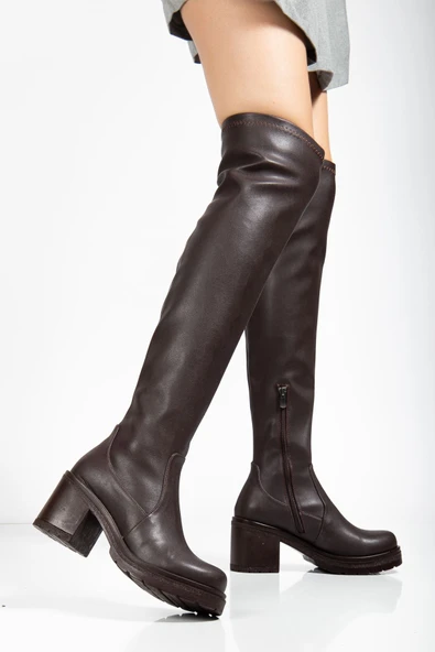 767-3010 Kahve Streç Günlük Kalın Topuklu Kadın Çizme - Resim 5