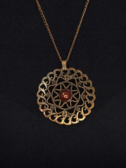 Doğal Taş Akik Doğal Taşlı Yuvarlak Model Antik Kadın Kolye euk47a - Resim 2