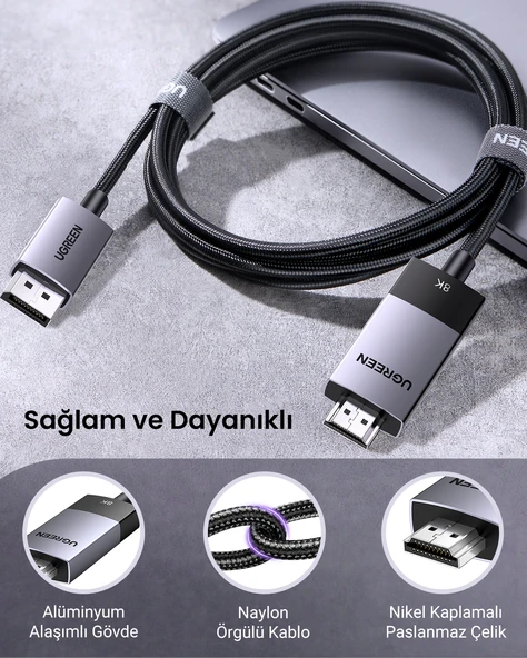 UGREEN 8K 60Hz Displayport 1.4 to HDMI 2.1 Örgülü Kablo, 2m, 80397 - Resim 7