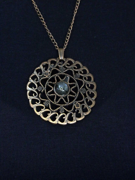 Doğal Taş Labradorit Doğal Taşlı Yuvarlak Model Antik Kadın Kolye euk47lbt - Resim 2