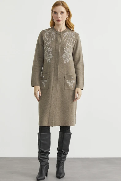 Uzun Cep Detaylı Yünlü Triko Hırka - Sütlü Kahve ürün görseli