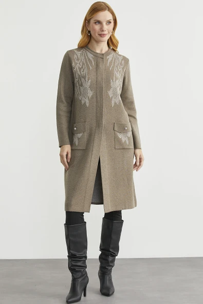 Uzun Cep Detaylı Yünlü Triko Hırka - Sütlü Kahve - Resim 4