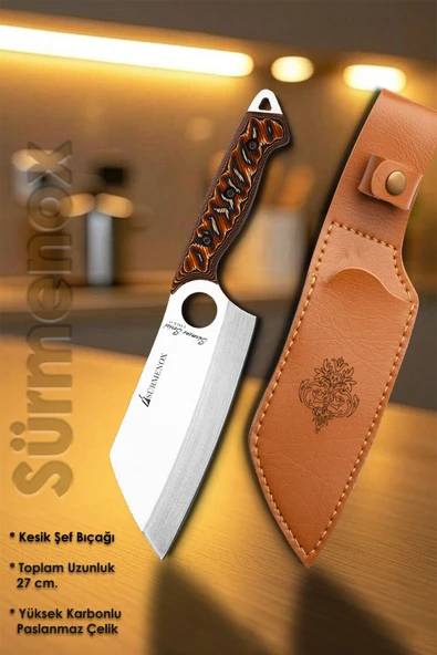 Sürmene Serisi K Şef Mutfak Şef Bıçağı Bıçak Kamp Bıçağı Deri Kılıflı Kahve Verzalit Sap HDS-126 - Resim 2