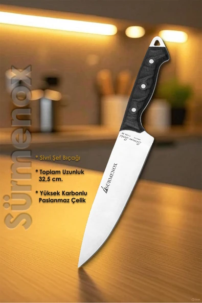 Sürmene Serisi Sivri Mutfak Şef Bıçak Et Ekmek Sebze Salata Şef Bıçağı Siyah Verzalit Sap HDS-145 - Resim 2