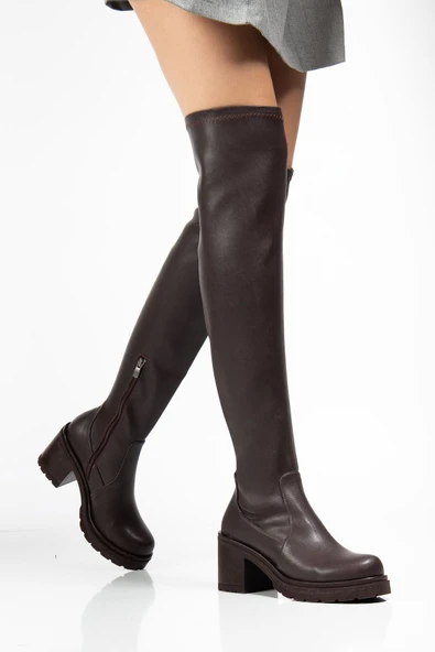 767-3010 Kahve Streç Günlük Kalın Topuklu Kadın Çizme - Resim 2