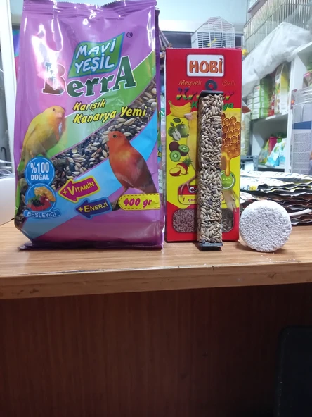 Euro Gold Mavi Yeşil Berra Karışık Kanarya Yemi 400+1 Paket ( 3 Adet ) Kanarya Ballı Kraker+Gaga Taşı ürün görseli 1