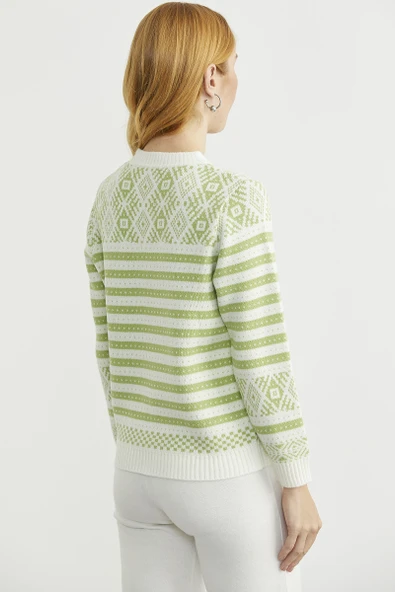 Metal Düğmeli Çizgili Yünlü Triko Hırka - Kemik - Resim 6