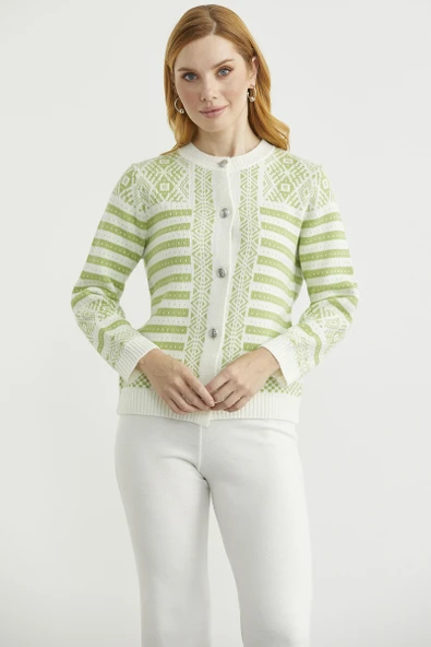 Metal Düğmeli Çizgili Yünlü Triko Hırka - Kemik - Resim 3