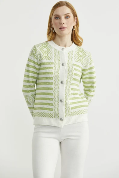 Metal Düğmeli Çizgili Yünlü Triko Hırka - Kemik ürün görseli