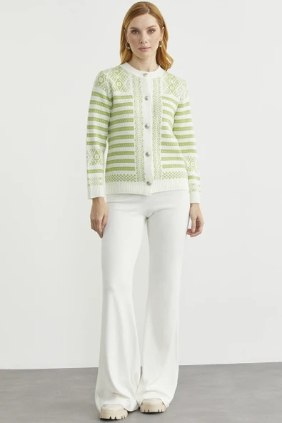 Metal Düğmeli Çizgili Yünlü Triko Hırka - Kemik - Resim 2