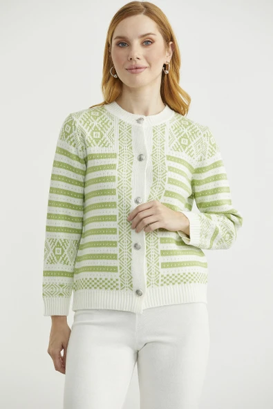 Metal Düğmeli Çizgili Yünlü Triko Hırka - Kemik - Resim 4