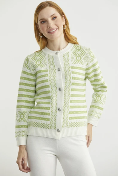 Metal Düğmeli Çizgili Yünlü Triko Hırka - Kemik - Resim 5