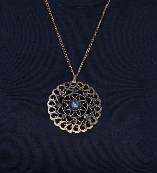 Doğal Taş Lapis Doğal Taşlı Yuvarlak Model Antik Kadın Kolye euk47lps - Resim 3