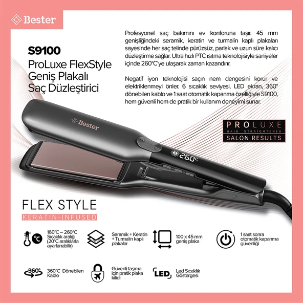 Bester S9100 ProLuxe 260°C Keratin Protect Geniş Plakalı Saç Düzleştirici - Resim 5