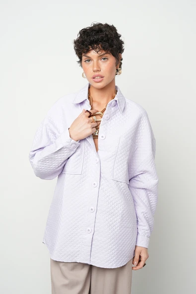 Kadın Çift Cepli Lila Renk Gömlek - Resim 3