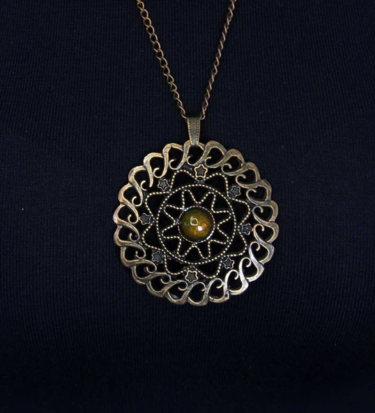 Doğal Taş Sitrin Doğal Taşlı Yuvarlak Model Antik Kadın Kolye euk47s - Resim 2