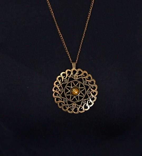 Doğal Taş Sitrin Doğal Taşlı Yuvarlak Model Antik Kadın Kolye euk47s - Resim 3