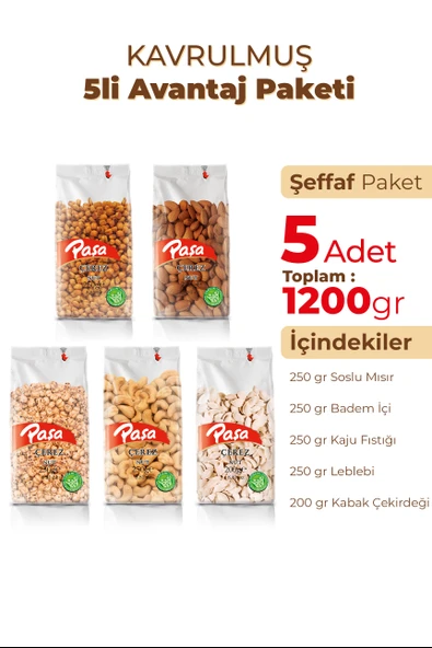 5’li Kavrulmuş Kuruyemiş Paketi 1.2 kg | Soslu Mısır, Badem, Kaju, Leblebi, Kabak Çekirdeği - Resim 2