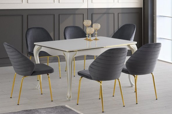 Açılır Sahra Salon Masası  Lükens Ayak Ekru Desen + 6 Adet Dolce Sandalye  Gold Metal Ayak