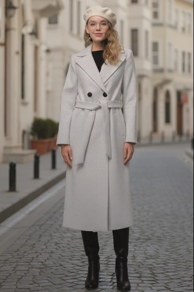 Ekru Kaşe Kadın Kaban - Resim 2