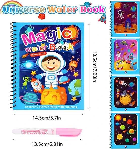 ASTRONOT ve UZAY Magic Book Eğitici İngilizce Sihirli Boyama Kitabı Su Kalemi Water Painting Mavi - Resim 3