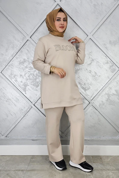KADIN TAŞ BASKI DETAYLI TESETTÜR TAKIM - Resim 5