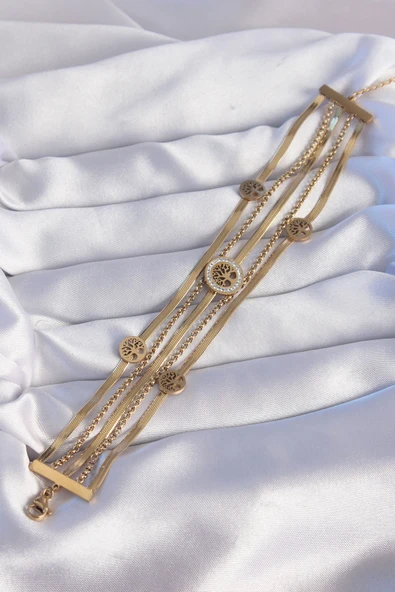 316L Çelik Gold Renk İtalyan Zincir Detaylı Zirkon Taşlı Yaşam Ağacı Tasarımlı Çoklu Bileklik - Resim 3