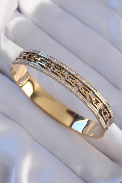 316L Çelik Gold Renk Zirkon Taşlı Model Kelepçe - Resim 2