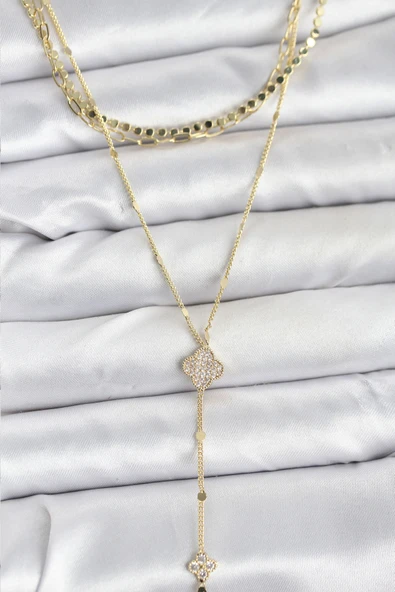 Pirinç Gold Renk Zirkon Taşlı Yoncalı Model Detaylı 3'lü Kombin Y Kadın Kolye - TJ-BKO10701 ürün görseli