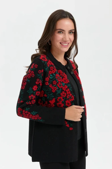 24019 DESEN TRİKO ÜSTÜ PTIRCIK ÇİÇEKLİ DİK YAKA KISA KABAN - Resim 7