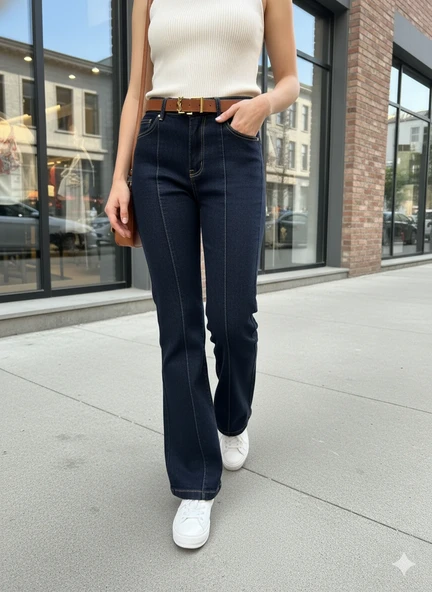 Kadın Siyah Jean İspanyol Paça Yüksek Bel Dikiş Detaylı Flare Kot Pantolon - Resim 8