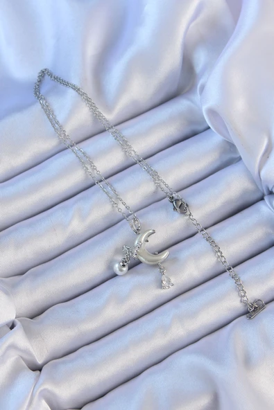 316L Çelik Zincir Gümüş Renk Zirkon Taşlı Kelebekli Mineli Ay Kolye ürün görseli 1