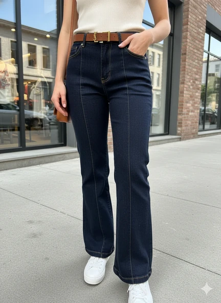 Kadın Siyah Jean İspanyol Paça Yüksek Bel Dikiş Detaylı Flare Kot Pantolon - Resim 5