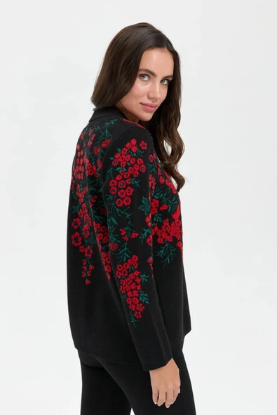 24019 DESEN TRİKO ÜSTÜ PTIRCIK ÇİÇEKLİ DİK YAKA KISA KABAN - Resim 8