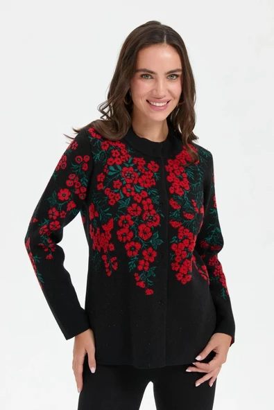 24019 DESEN TRİKO ÜSTÜ PTIRCIK ÇİÇEKLİ DİK YAKA KISA KABAN - Resim 6