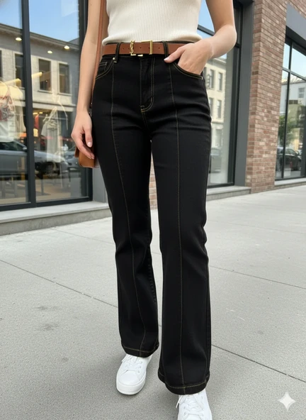 Kadın Siyah Jean İspanyol Paça Yüksek Bel Dikiş Detaylı Flare Kot Pantolon - Resim 4